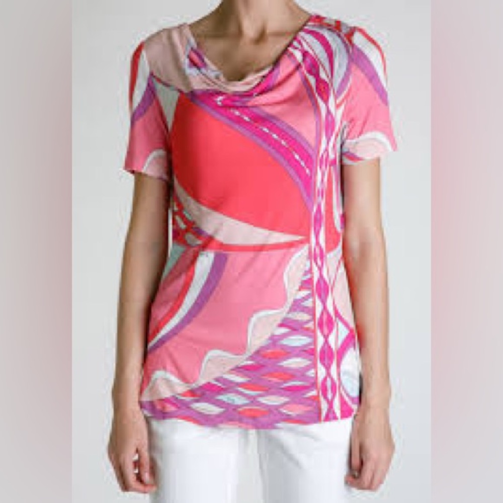 *Emilio Pucci* Sz US12 Drape Front Geo Print Pink Purple Blouse Tee